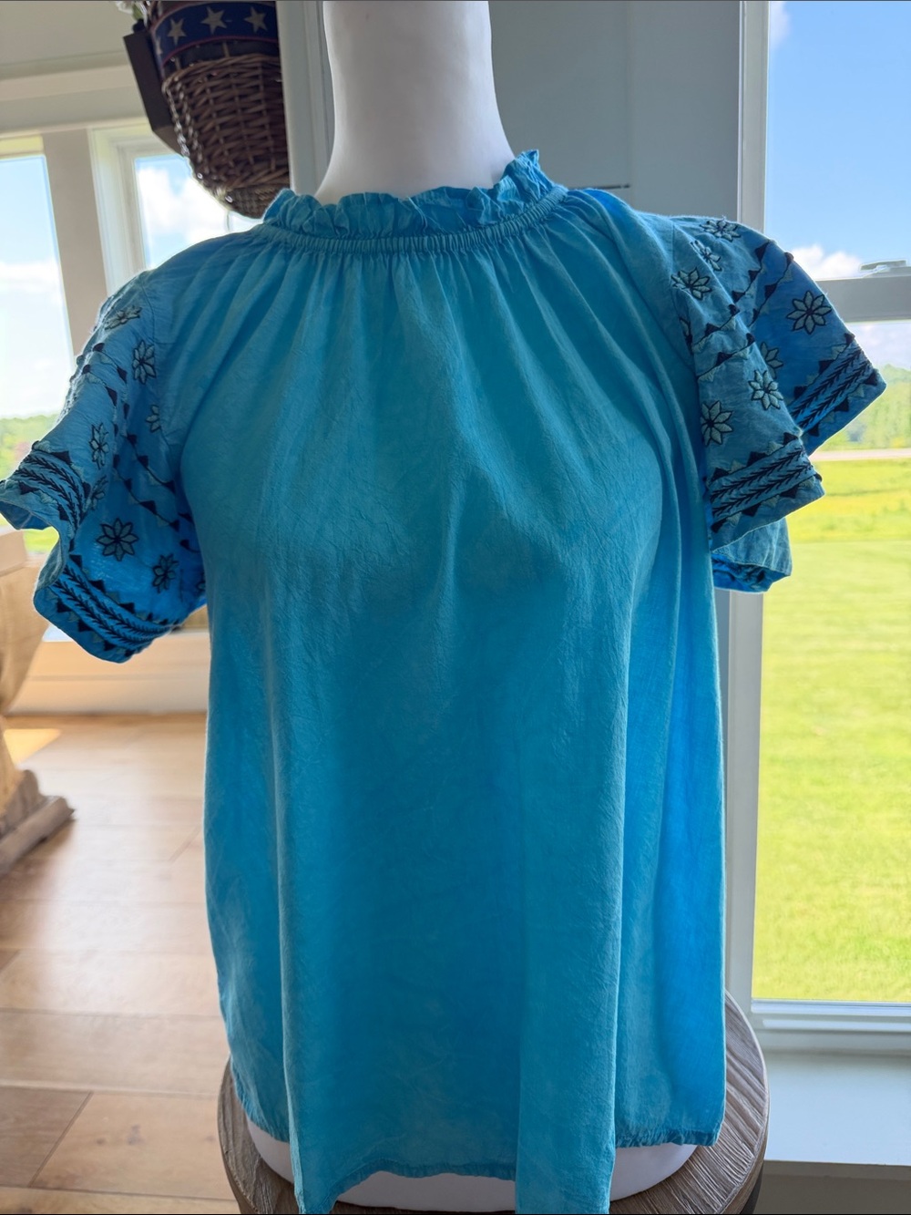THML Turquoise Embroidered Flutter Sleeve Top